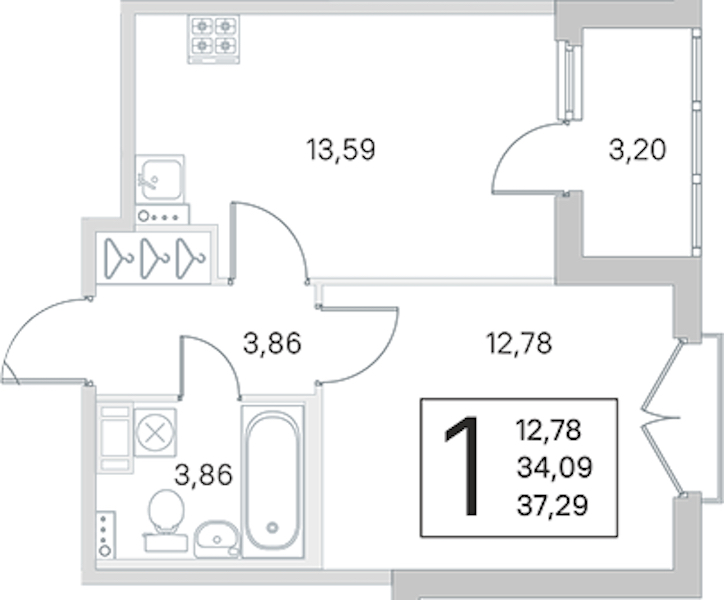 1-комнатная квартира 34.09 м², 4/4 эт., ЖК «Любоград в Стрельне»